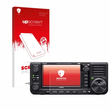 Face avant d’un emballage produit avec le logo de la marque upscreen. À côté, l’appareil Icom IC-705 est représenté avec la pr