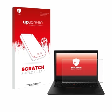 Face avant d’un emballage produit avec le logo de la marque upscreen. À côté, l’appareil Lenovo ThinkPad L490 est représenté a