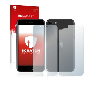 Face avant d’un emballage produit avec le logo de la marque upscreen. À côté, l’appareil Apple iPhone SE 2 2020 (Avant+Arrière