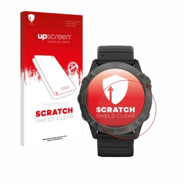 Face avant d’un emballage produit avec le logo de la marque upscreen. À côté, l’appareil Garmin Fenix 6X Pro Solar est représe