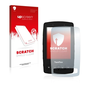 Face avant d’un emballage produit avec le logo de la marque upscreen. À côté, l’appareil TwoNav Aventura 2 est représenté avec