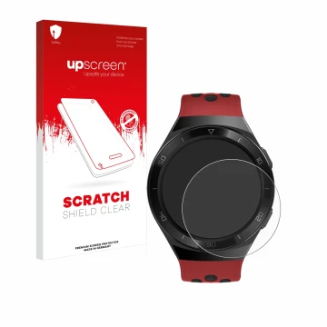 Face avant d’un emballage produit avec le logo de la marque upscreen. À côté, l’appareil Huawei Watch GT 2e est représenté ave