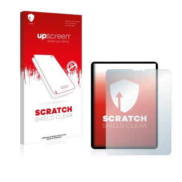 Face avant d’un emballage produit avec le logo de la marque upscreen. À côté, l’appareil Apple iPad Pro 11