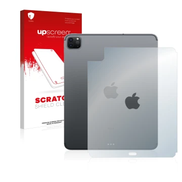 Face avant d’un emballage produit avec le logo de la marque upscreen. À côté, l’appareil Apple iPad Pro 11