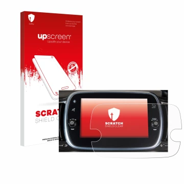 Face avant d’un emballage produit avec le logo de la marque upscreen. À côté, l’appareil Fiat 595 Abarth Uconnect 7