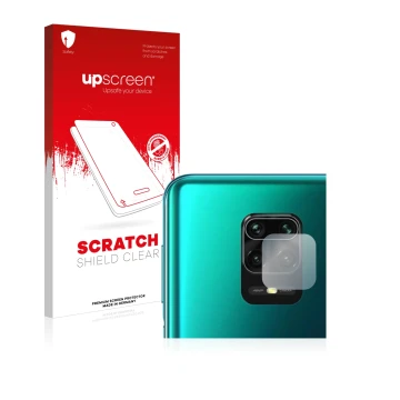 Face avant d’un emballage produit avec le logo de la marque upscreen. À côté, l’appareil Xiaomi Redmi Note 9S (Caméra UNIQUEME