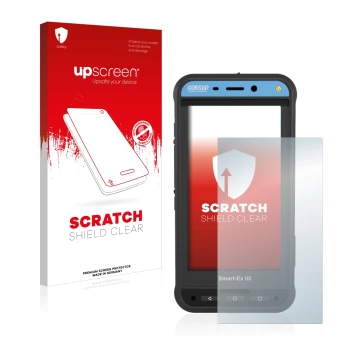 Face avant d’un emballage produit avec le logo de la marque upscreen. À côté, l’appareil Ecom Smart-Ex 02 DZ1 est représenté a