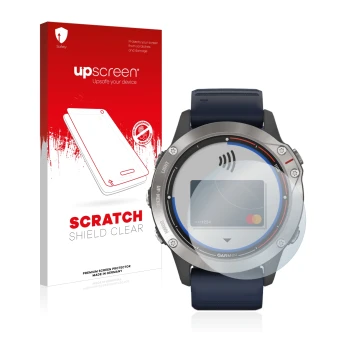 Face avant d’un emballage produit avec le logo de la marque upscreen. À côté, l’appareil Garmin quatix 6 est représenté avec l