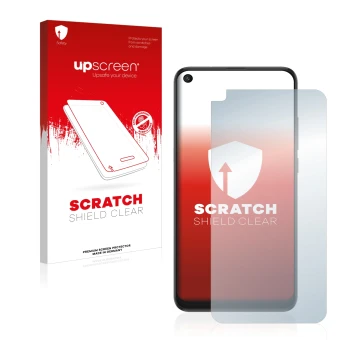 Face avant d’un emballage produit avec le logo de la marque upscreen. À côté, l’appareil TCL 10L est représenté avec la protec