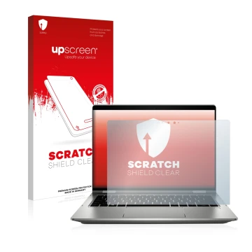 Face avant d’un emballage produit avec le logo de la marque upscreen. À côté, l’appareil HP ProBook x360 435 G7 est représenté