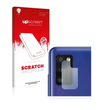 Face avant d’un emballage produit avec le logo de la marque upscreen. À côté, l’appareil Samsung Galaxy A41 (Caméra UNIQUEMENT
