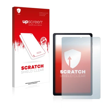 Face avant d’un emballage produit avec le logo de la marque upscreen. À côté, l’appareil Samsung Galaxy Tab S6 Lite 2020 est r