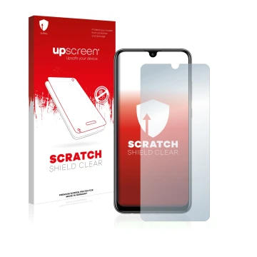Face avant d’un emballage produit avec le logo de la marque upscreen. À côté, l’appareil Huawei P smart 2020 est représenté av