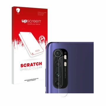Face avant d’un emballage produit avec le logo de la marque upscreen. À côté, l’appareil Xiaomi Mi Note 10 Lite (Caméra UNIQUE