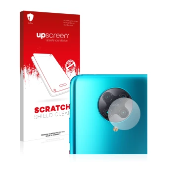 Face avant d’un emballage produit avec le logo de la marque upscreen. À côté, l’appareil Xiaomi Poco F2 Pro (Caméra UNIQUEMENT