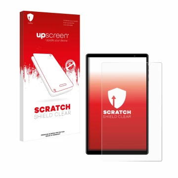 Face avant d’un emballage produit avec le logo de la marque upscreen. À côté, l’appareil Teclast P10S est représenté avec la p