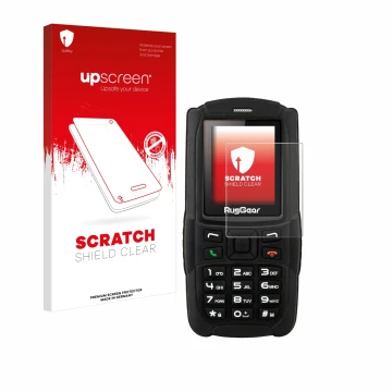Face avant d’un emballage produit avec le logo de la marque upscreen. À côté, l’appareil RugGear RG129 est représenté avec la 