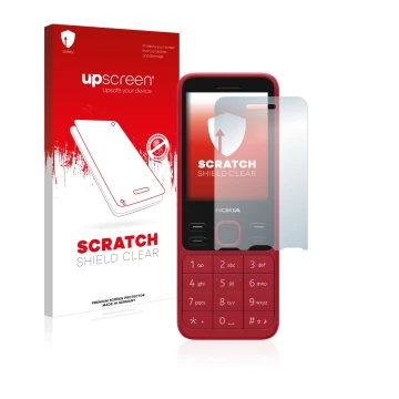 Face avant d’un emballage produit avec le logo de la marque upscreen. À côté, l’appareil Nokia 150 2020 est représenté avec la