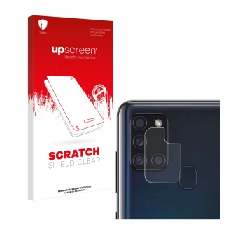 Face avant d’un emballage produit avec le logo de la marque upscreen. À côté, l’appareil Samsung Galaxy A21s (Caméra UNIQUEMEN