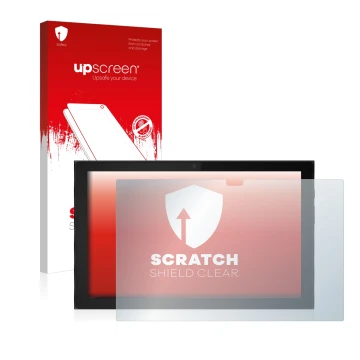 Face avant d’un emballage produit avec le logo de la marque upscreen. À côté, l’appareil Lenovo IdeaPad Duet 3i (en paysage) e