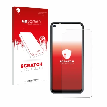 Face avant d’un emballage produit avec le logo de la marque upscreen. À côté, l’appareil Tecno Spark 5 Pro est représenté avec