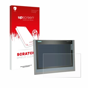 Face avant d’un emballage produit avec le logo de la marque upscreen. À côté, l’appareil Siemens Simatic HMI TP 1500 Comfort e