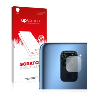 Face avant d’un emballage produit avec le logo de la marque upscreen. À côté, l’appareil Xiaomi Redmi Note 9 (Caméra UNIQUEMEN