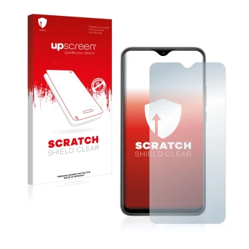 Face avant d’un emballage produit avec le logo de la marque upscreen. À côté, l’appareil Xiaomi Redmi 9 est représenté avec la