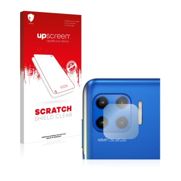 Face avant d’un emballage produit avec le logo de la marque upscreen. À côté, l’appareil Motorola Moto G 5G Plus (Caméra UNIQU