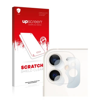 Face avant d’un emballage produit avec le logo de la marque upscreen. À côté, l’appareil Apple iPhone 12 mini (Caméra UNIQUEME