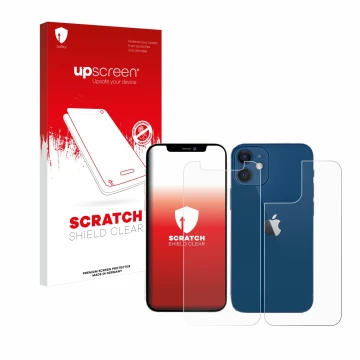 Face avant d’un emballage produit avec le logo de la marque upscreen. À côté, l’appareil Apple iPhone 12 mini (Avant+Arrière) 