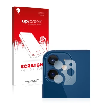 Face avant d’un emballage produit avec le logo de la marque upscreen. À côté, l’appareil Apple iPhone 12 (Caméra UNIQUEMENT) e