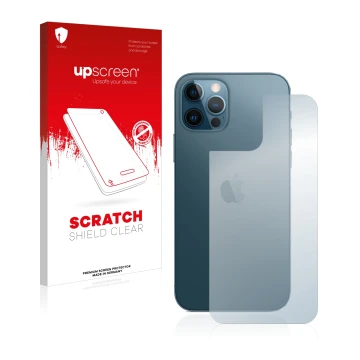 Face avant d’un emballage produit avec le logo de la marque upscreen. À côté, l’appareil Apple iPhone 12 Pro (Arrière) est rep