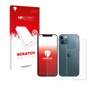 Face avant d’un emballage produit avec le logo de la marque upscreen. À côté, l’appareil Apple iPhone 12 Pro (Avant+Arrière) e