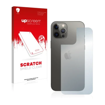 Face avant d’un emballage produit avec le logo de la marque upscreen. À côté, l’appareil Apple iPhone 12 Pro Max (Arrière) est
