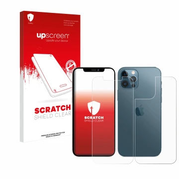 Face avant d’un emballage produit avec le logo de la marque upscreen. À côté, l’appareil Apple iPhone 12 Pro Max (Avant+Arrièr