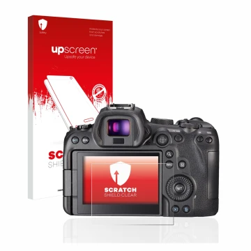 Face avant d’un emballage produit avec le logo de la marque upscreen. À côté, l’appareil Canon EOS R6 est représenté avec la p