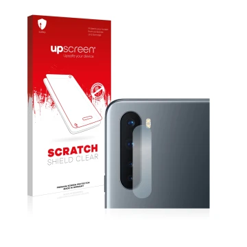 Face avant d’un emballage produit avec le logo de la marque upscreen. À côté, l’appareil OnePlus Nord (Caméra UNIQUEMENT) est 