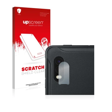 Face avant d’un emballage produit avec le logo de la marque upscreen. À côté, l’appareil Samsung Galaxy XCover Pro (Caméra UNI