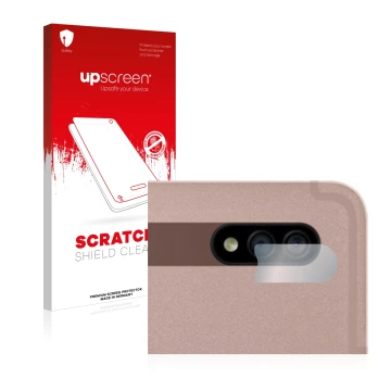 Face avant d’un emballage produit avec le logo de la marque upscreen. À côté, l’appareil Samsung Galaxy Tab S7 WiFi 2020 (Camé