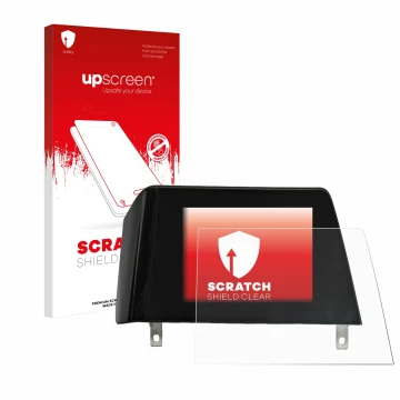 Face avant d’un emballage produit avec le logo de la marque upscreen. À côté, l’appareil BMW 3 G21 2020 Infotainment System (t