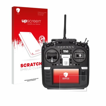 Face avant d’un emballage produit avec le logo de la marque upscreen. À côté, l’appareil Radiomaster TX16S est représenté avec