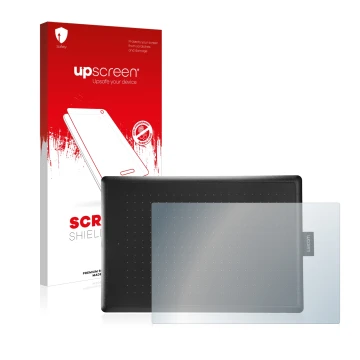 Face avant d’un emballage produit avec le logo de la marque upscreen. À côté, l’appareil Wacom One Medium est représenté avec 