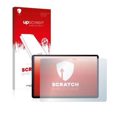 Face avant d’un emballage produit avec le logo de la marque upscreen. À côté, l’appareil Samsung Galaxy Tab S7 Plus 5G 2020 es