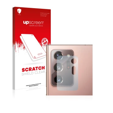 Face avant d’un emballage produit avec le logo de la marque upscreen. À côté, l’appareil Samsung Galaxy Note 20 Ultra 5G (Camé