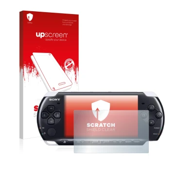 Face avant d’un emballage produit avec le logo de la marque upscreen. À côté, l’appareil Sony PSP 3003 est représenté avec la 