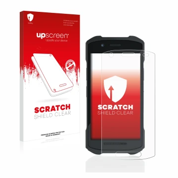 Face avant d’un emballage produit avec le logo de la marque upscreen. À côté, l’appareil Zebra TC21 est représenté avec la pro