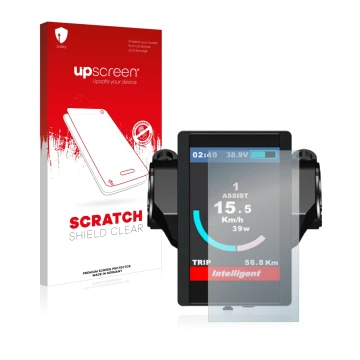 Face avant d’un emballage produit avec le logo de la marque upscreen. À côté, l’appareil Bafang 850c est représenté avec la pr