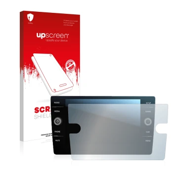 Face avant d’un emballage produit avec le logo de la marque upscreen. À côté, l’appareil Volkswagen Tiguan Discover Media 8