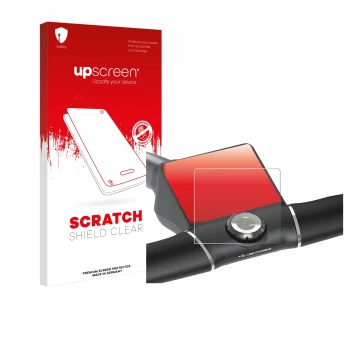 Face avant d’un emballage produit avec le logo de la marque upscreen. À côté, l’appareil Motocaddy M5 GPS Electric Trolley est
